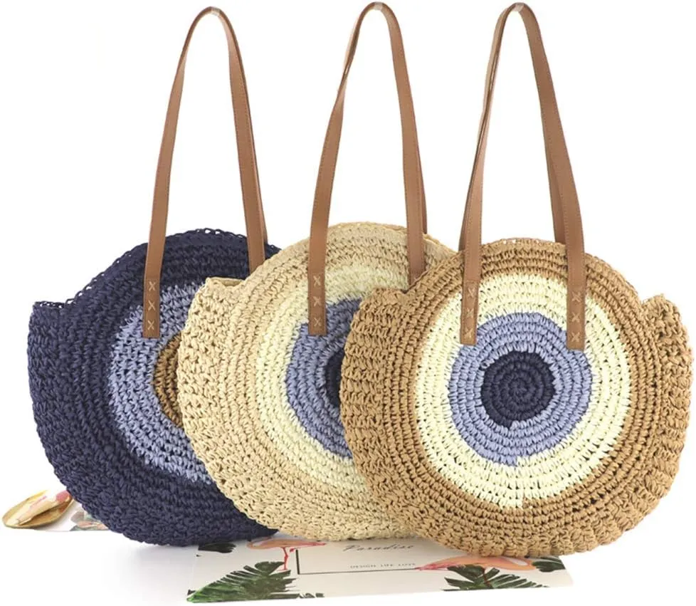 GL-Turelifes Round Summer Straw Bag Big Weave Handbags Beach Shoulder Bags Vocation Tote HandbagsTravel Bag for Women