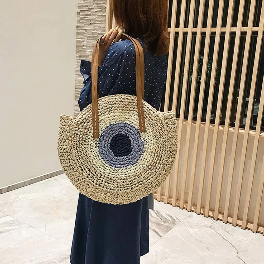GL-Turelifes Round Summer Straw Bag Big Weave Handbags Beach Shoulder Bags Vocation Tote HandbagsTravel Bag for Women