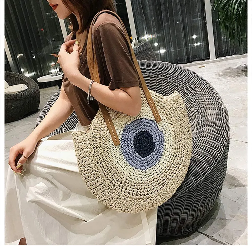 GL-Turelifes Round Summer Straw Bag Big Weave Handbags Beach Shoulder Bags Vocation Tote HandbagsTravel Bag for Women