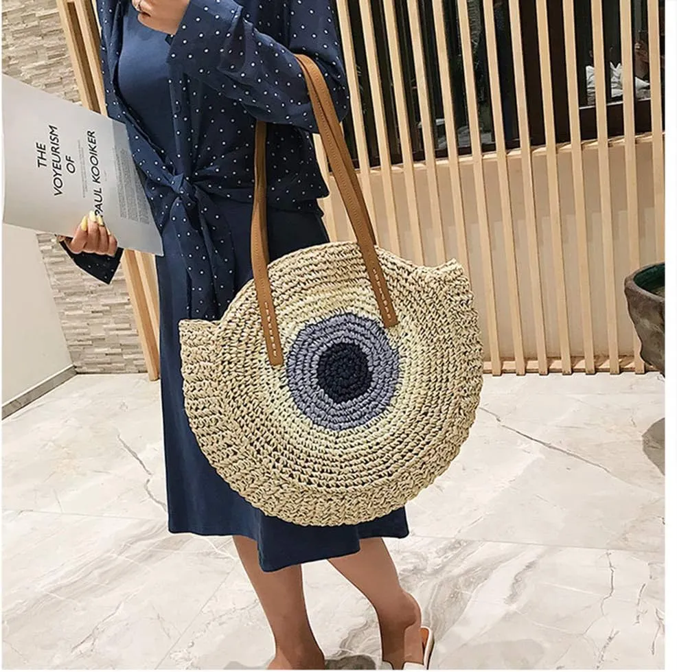 GL-Turelifes Round Summer Straw Bag Big Weave Handbags Beach Shoulder Bags Vocation Tote HandbagsTravel Bag for Women