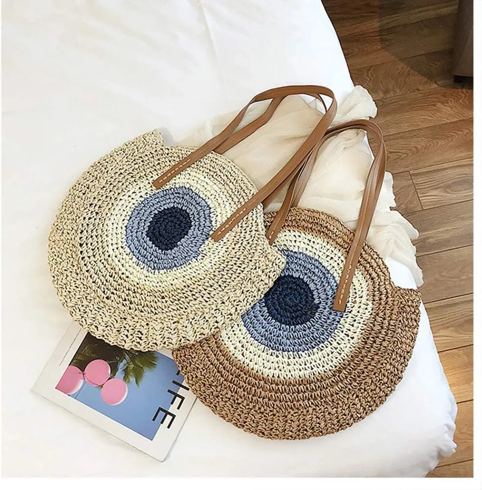 GL-Turelifes Round Summer Straw Bag Big Weave Handbags Beach Shoulder Bags Vocation Tote HandbagsTravel Bag for Women