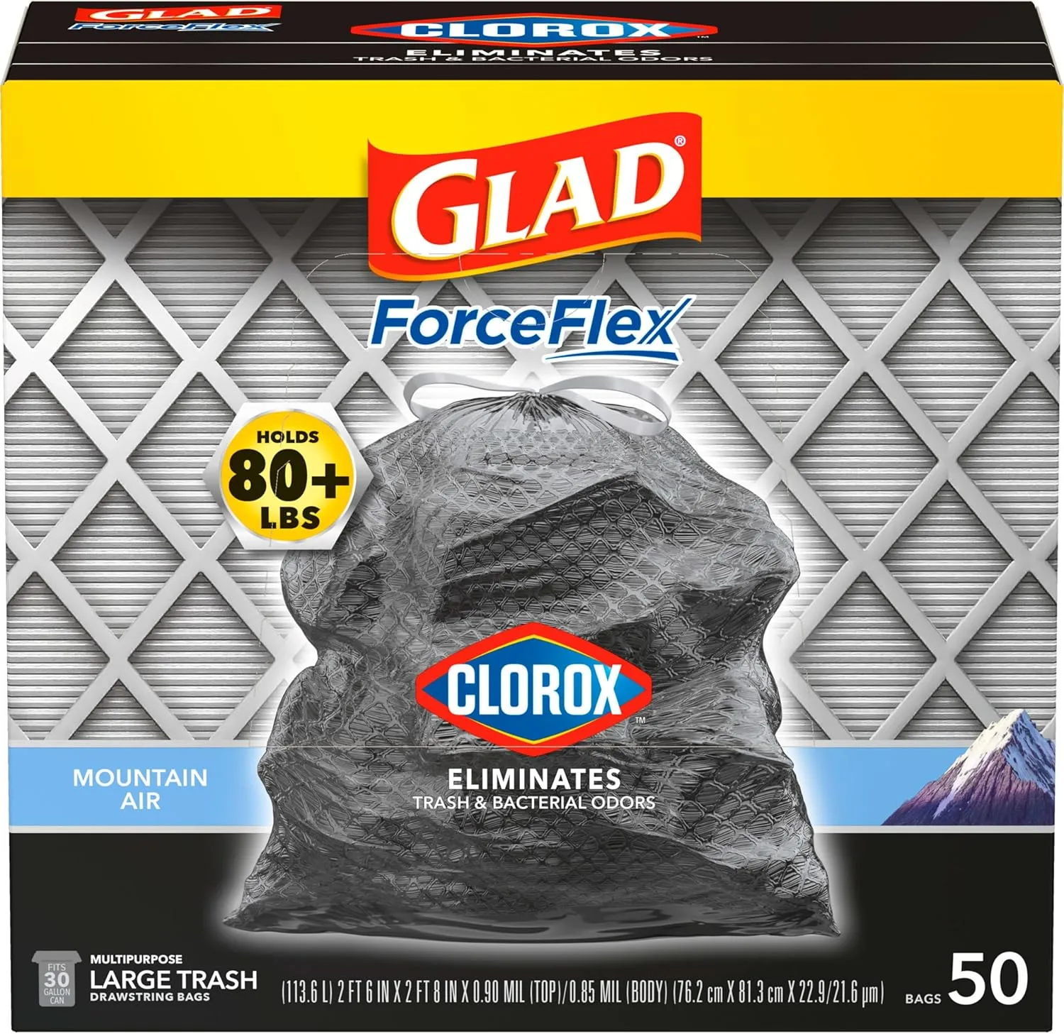 Glad Large Trash Bags, ForceFlex with Clorox, 30 Gal, Mountain Air, 50 Ct (Package May Vary)