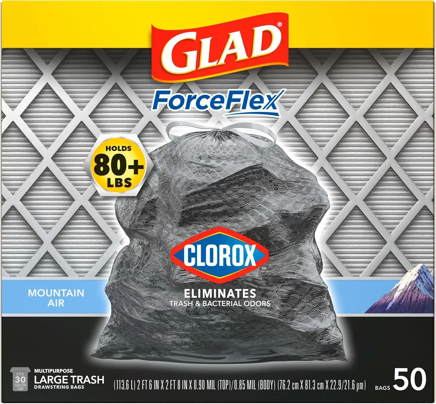 Glad Large Trash Bags, ForceFlex with Clorox, 30 Gal, Mountain Air, 50 Ct (Package May Vary)