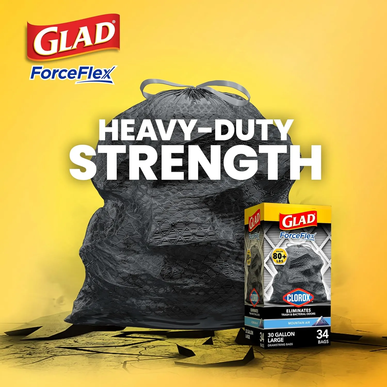 Glad Large Trash Bags, ForceFlex with Clorox, 30 Gal, Mountain Air, 50 Ct (Package May Vary)
