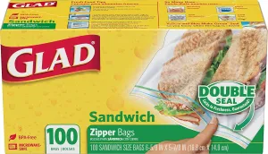Glad Zipper Food Storage Sandwich Bags - 100 Count, Pack of 12 (Package May Vary)