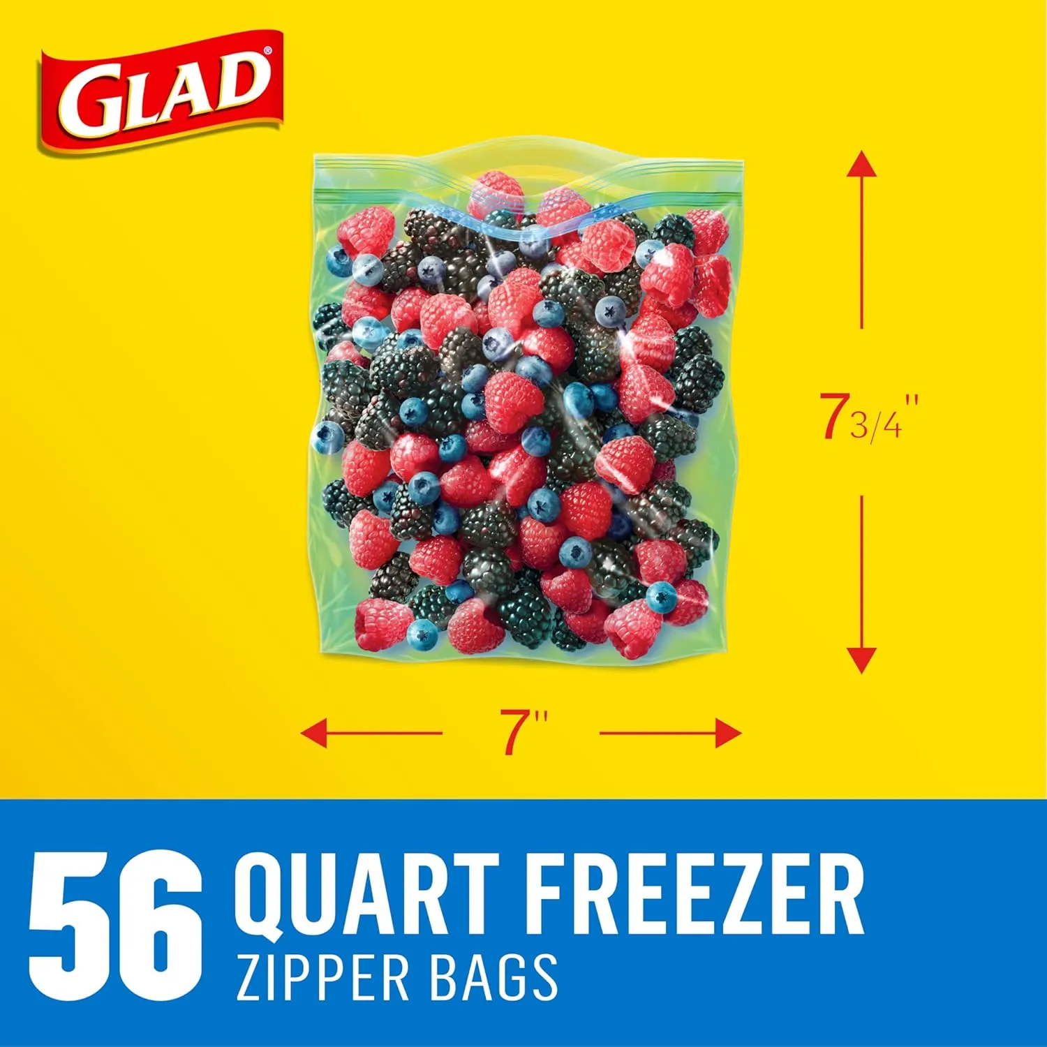 Glad Zipper Freezer Storage Plastic Bags, Quart, 56 Count (Packaging May Vary)
