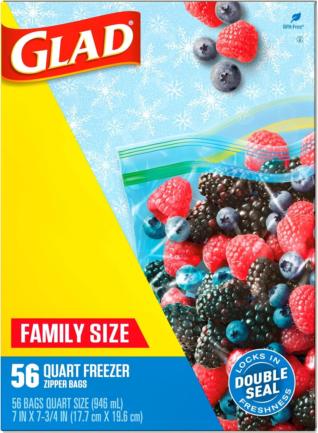Glad Zipper Freezer Storage Plastic Bags, Quart, 56 Count (Packaging May Vary)