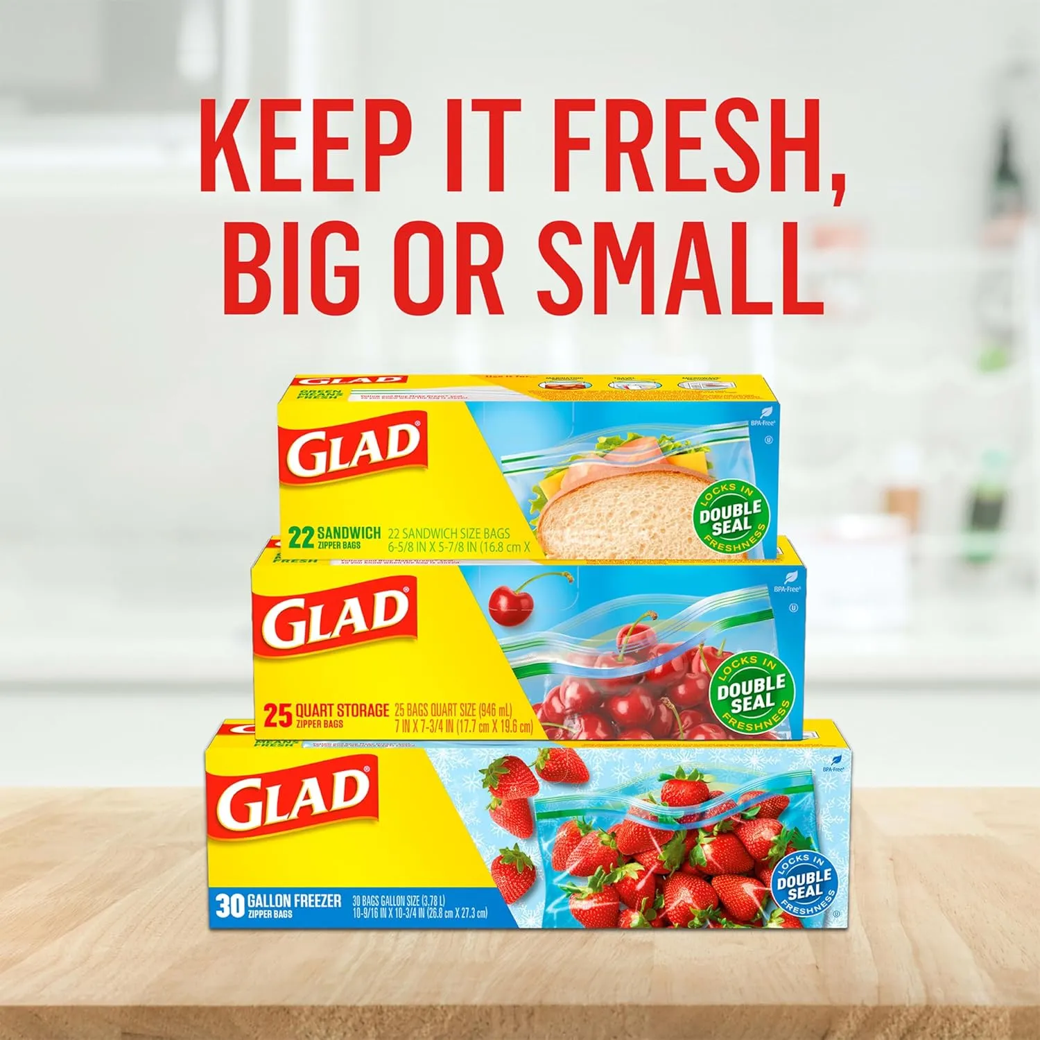 Glad Zipper Freezer Storage Plastic Bags, Quart, 56 Count (Packaging May Vary)