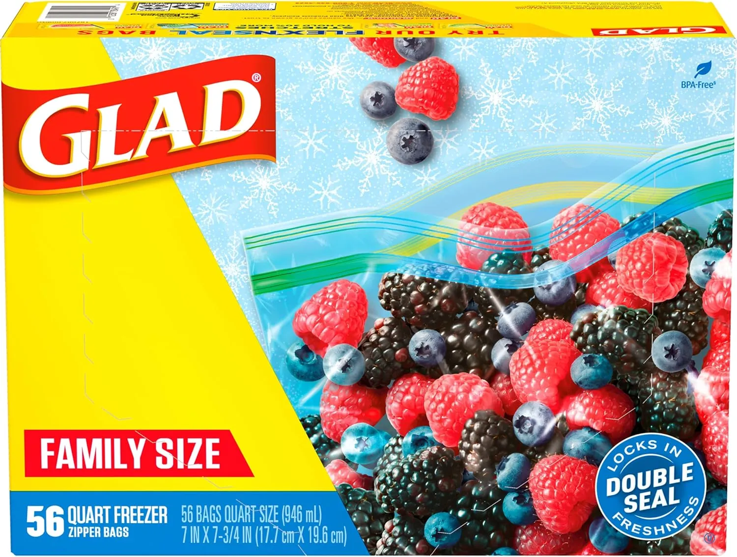 Glad Zipper Freezer Storage Plastic Bags, Quart, 56 Count (Packaging May Vary)