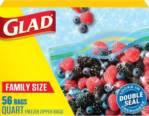 Glad Zipper Freezer Storage Plastic Bags, Quart, 56 Count (Packaging May Vary)