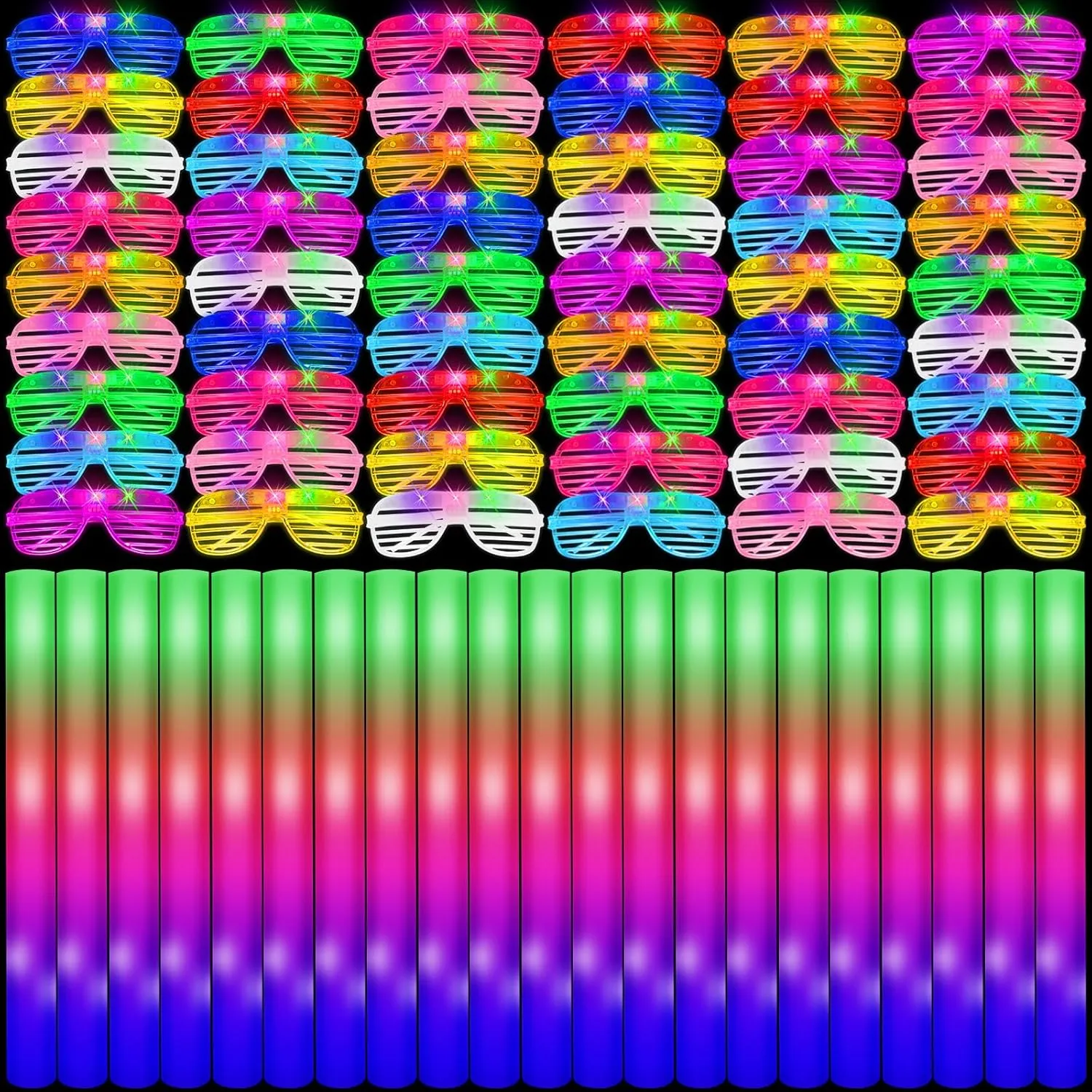 Glow Sticks Bulk Party Pack, 60 Pcs: Light Up Glasses, Foam Glow Sticks, Neon Accessories, Glow in the Dark Party Supplies Set for Disco, Wedding, Birthday, Concert, Halloween, Raves