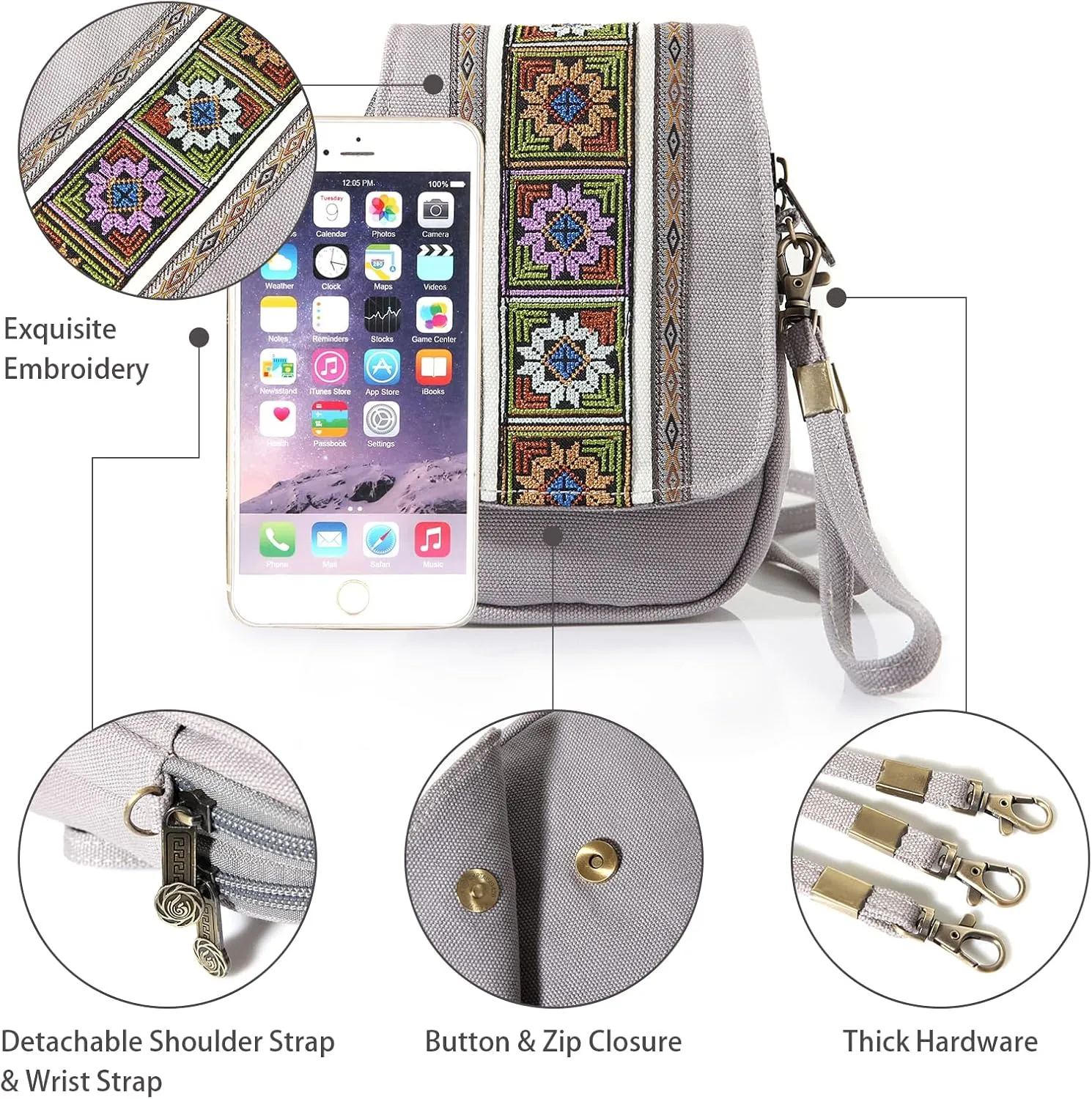 Goodhan Embroidery Canvas Crossbody Bag Cell phone Pouch Coin Purse for Women