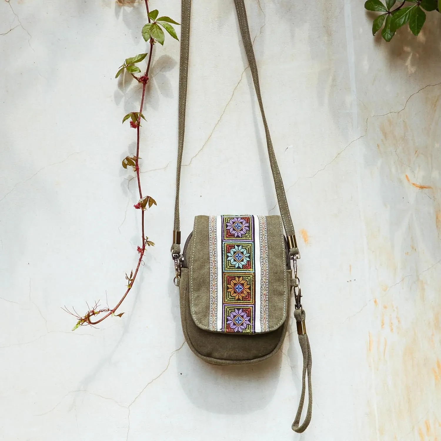 Goodhan Embroidery Canvas Crossbody Bag Cell phone Pouch Coin Purse for Women