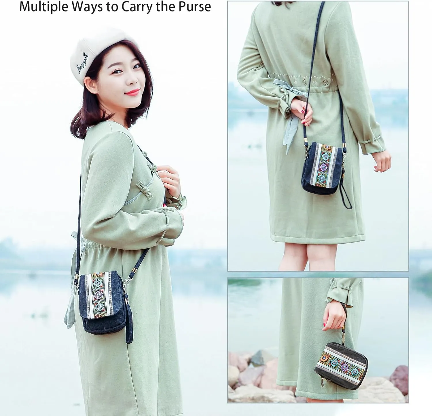 Goodhan Embroidery Canvas Crossbody Bag Cell phone Pouch Coin Purse for Women