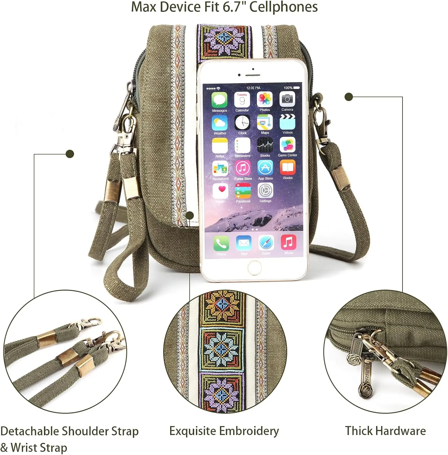 Goodhan Embroidery Canvas Crossbody Bag Cell phone Pouch Coin Purse for Women