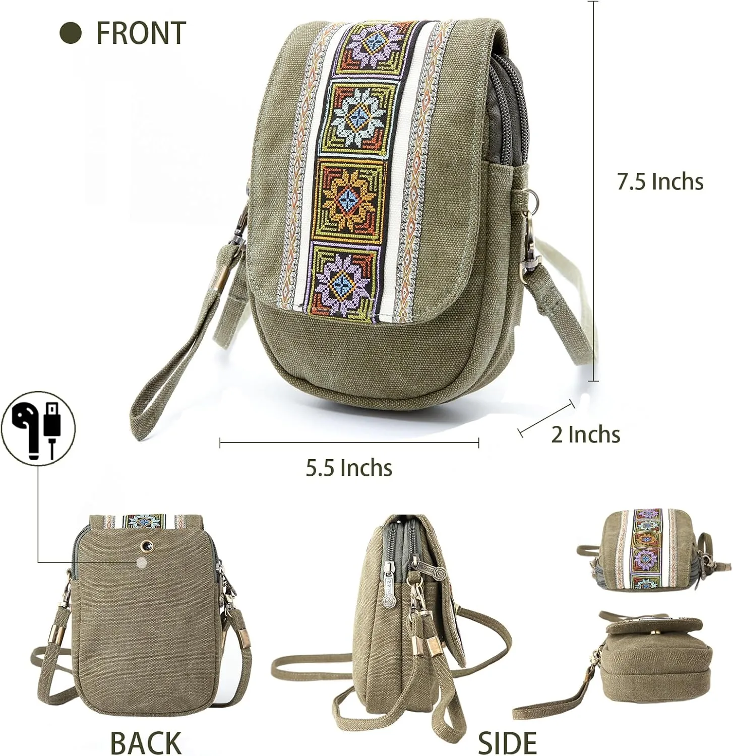 Goodhan Embroidery Canvas Crossbody Bag Cell phone Pouch Coin Purse for Women