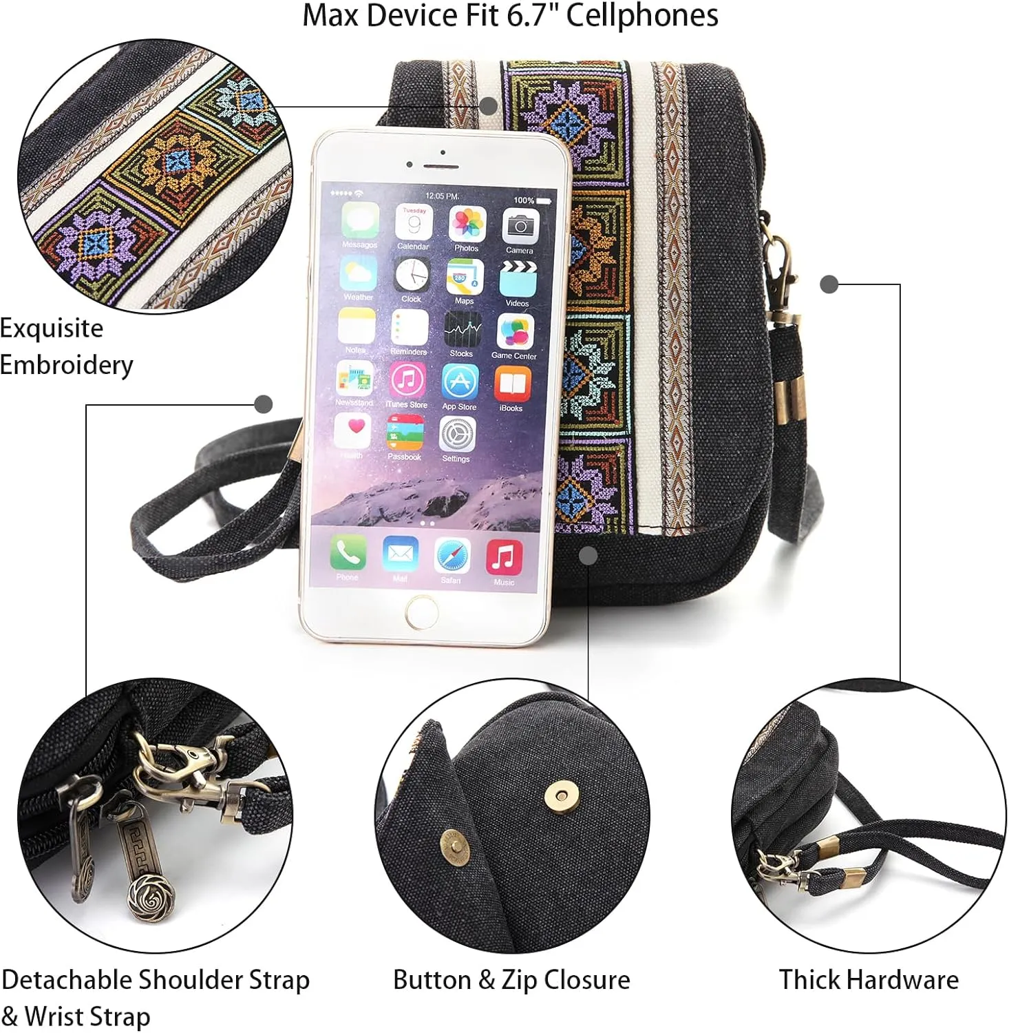 Goodhan Embroidery Canvas Crossbody Bag Cell phone Pouch Coin Purse for Women