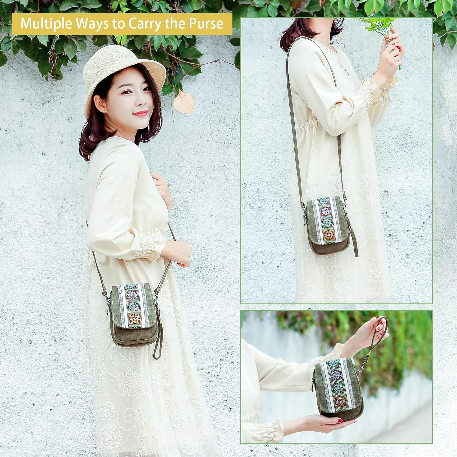 Goodhan Embroidery Canvas Crossbody Bag Cell phone Pouch Coin Purse for Women