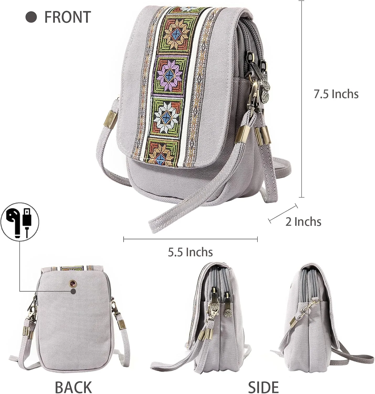 Goodhan Embroidery Canvas Crossbody Bag Cell phone Pouch Coin Purse for Women