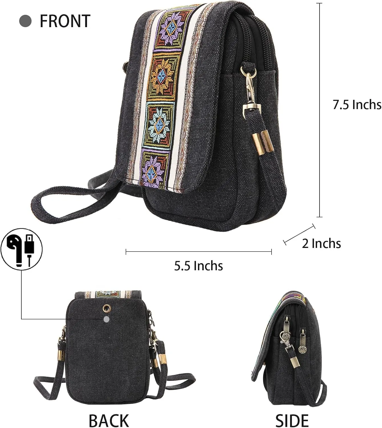Goodhan Embroidery Canvas Crossbody Bag Cell phone Pouch Coin Purse for Women