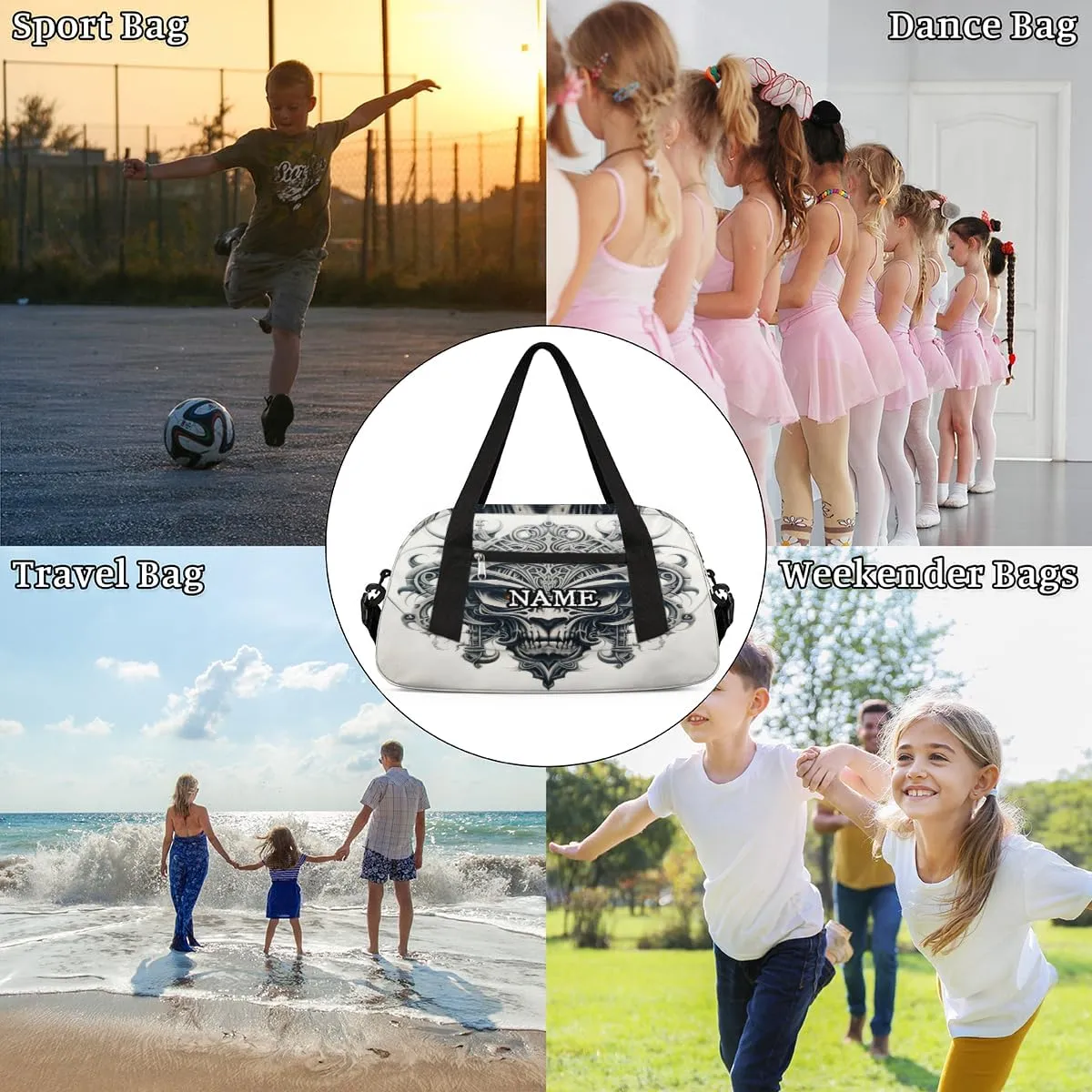Goth Skull Printing Western Personalized Kids Duffel Bag Custom Gym Sports Duffle Bag Teen Travel Gymnastic Weekender Overnighter Bag Carry on Toe Bag for Boys & Girls