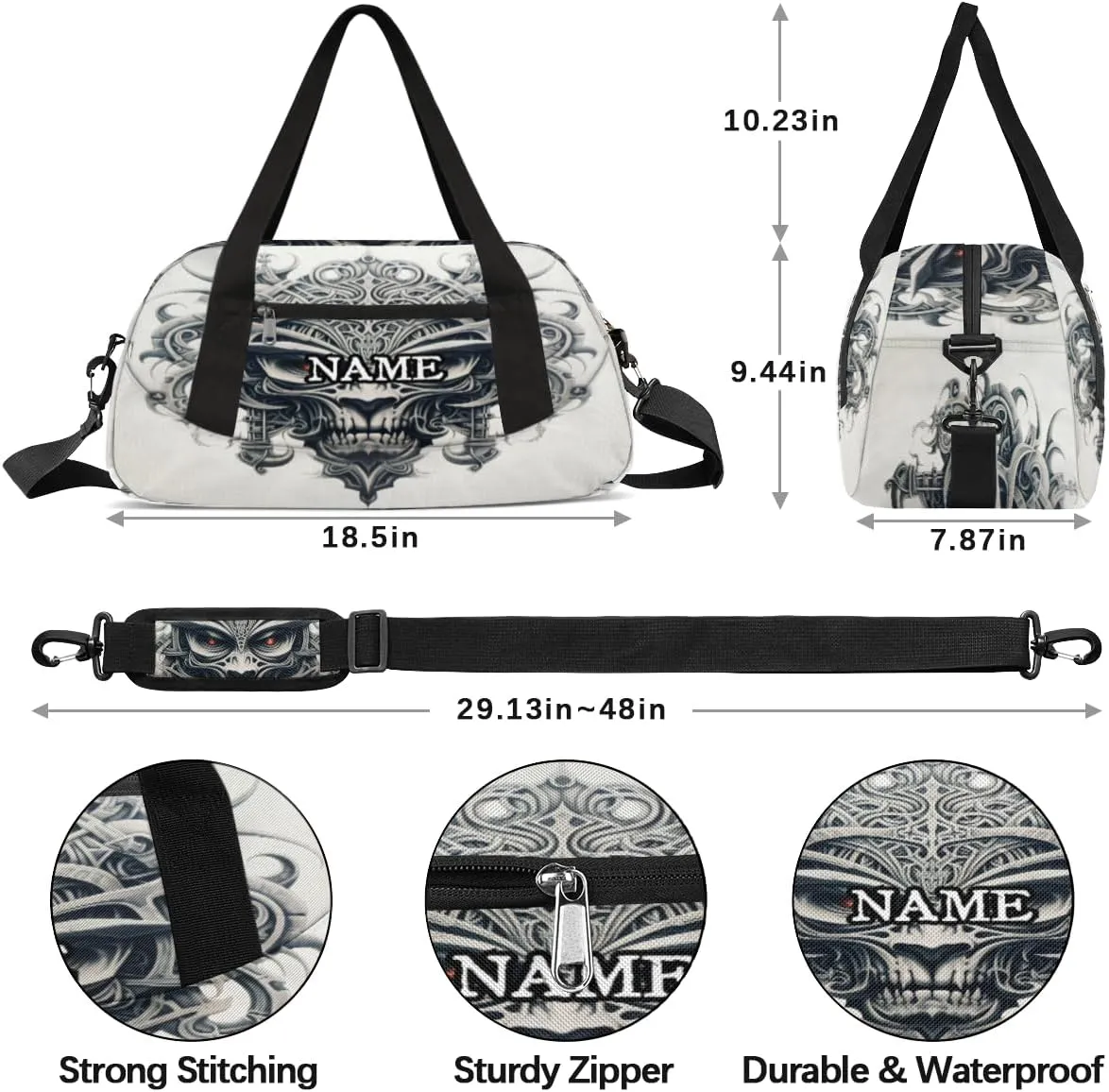 Goth Skull Printing Western Personalized Kids Duffel Bag Custom Gym Sports Duffle Bag Teen Travel Gymnastic Weekender Overnighter Bag Carry on Toe Bag for Boys & Girls