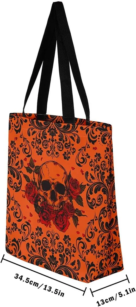 Gothic Skull Tote Bag Green Black Damask Floral Roses Reusable Grocery Bag Halloween Skeleton Shopping Handbag