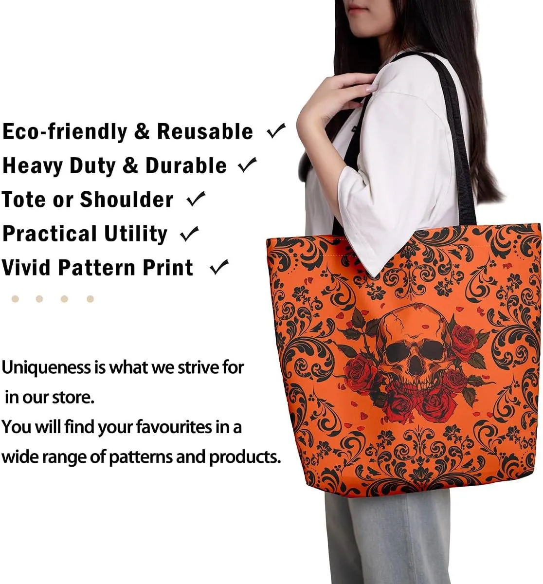 Gothic Skull Tote Bag Green Black Damask Floral Roses Reusable Grocery Bag Halloween Skeleton Shopping Handbag