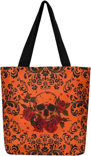 Gothic Skull Tote Bag Green Black Damask Floral Roses Reusable Grocery Bag Halloween Skeleton Shopping Handbag