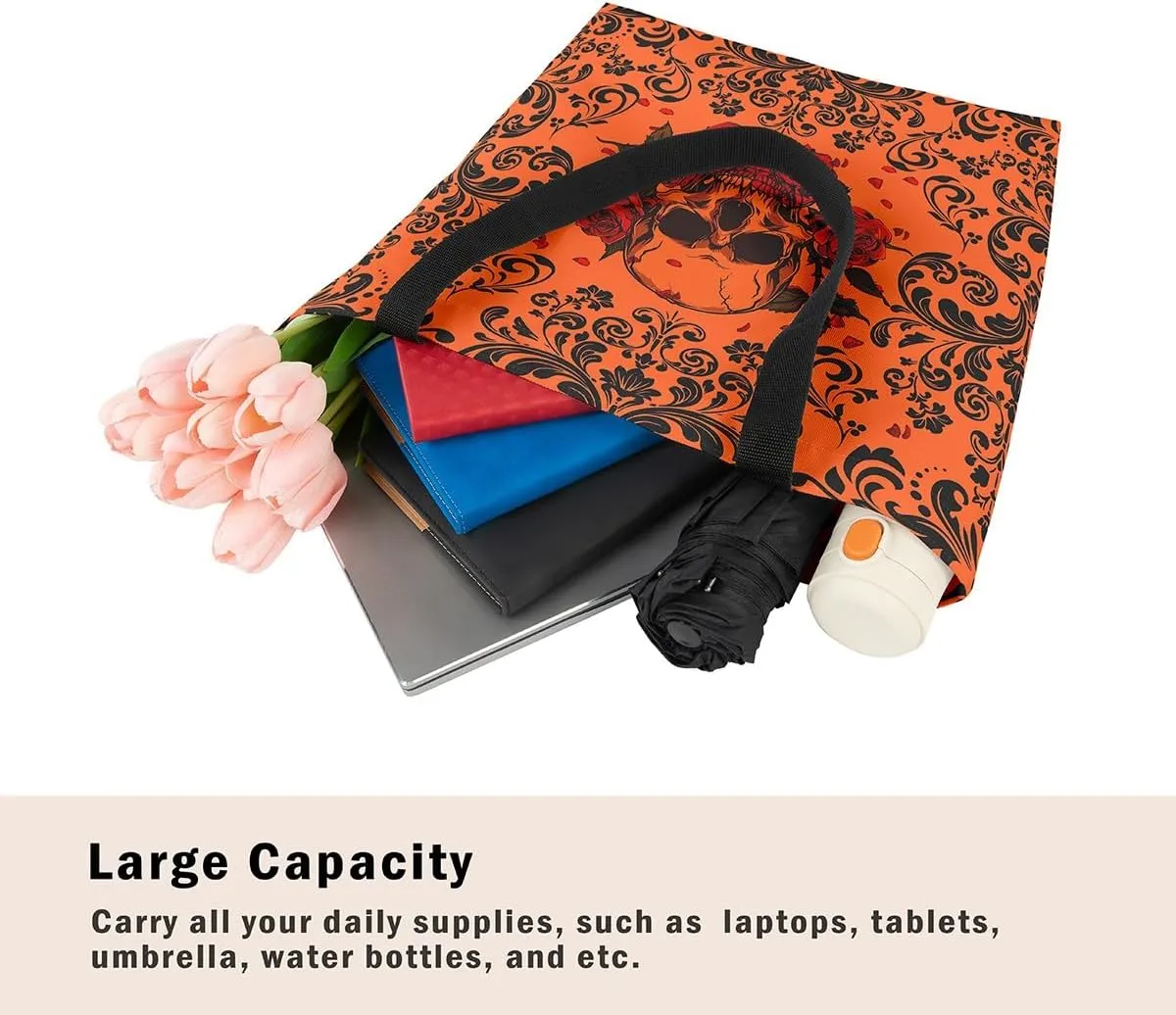 Gothic Skull Tote Bag Green Black Damask Floral Roses Reusable Grocery Bag Halloween Skeleton Shopping Handbag