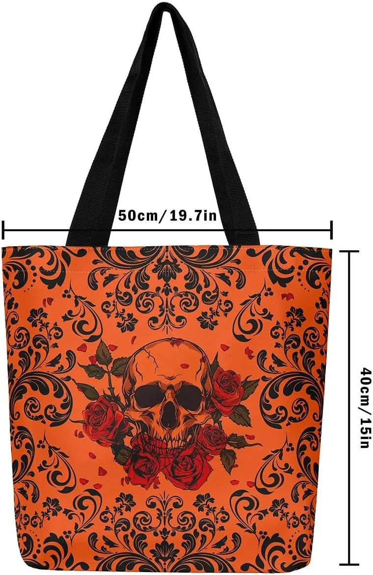 Gothic Skull Tote Bag Green Black Damask Floral Roses Reusable Grocery Bag Halloween Skeleton Shopping Handbag