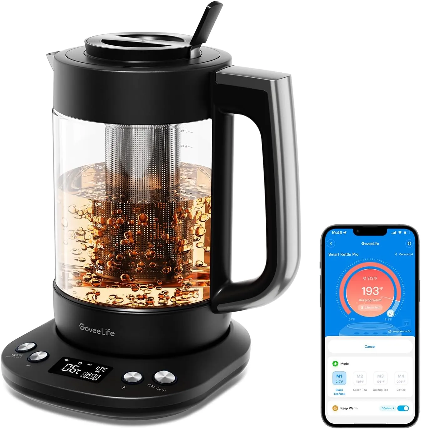 GoveeLife Smart Electric Kettle with Tea Infuser for Loose Leaf, 1.7 L Electric Tea Kettle with Brewing Program, Variable Temperature Control, 2 H Keep Warm & Auto Shut-Off, BPA Free. Black