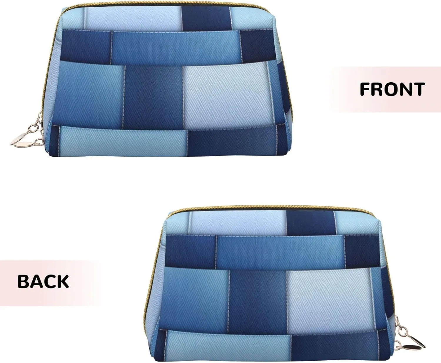 Gradient Blue Denim Printed Small Makeup Bag,Travel Cosmetic Bag Purse with Zipper,Water-resistant Makeup Organizer Bag for Women