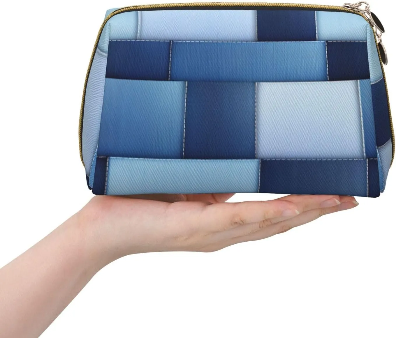 Gradient Blue Denim Printed Small Makeup Bag,Travel Cosmetic Bag Purse with Zipper,Water-resistant Makeup Organizer Bag for Women