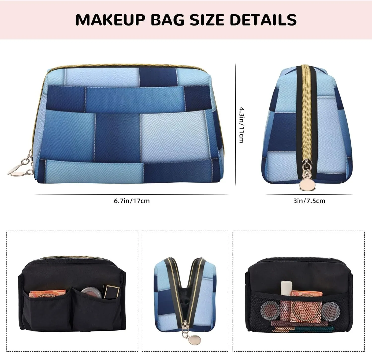 Gradient Blue Denim Printed Small Makeup Bag,Travel Cosmetic Bag Purse with Zipper,Water-resistant Makeup Organizer Bag for Women