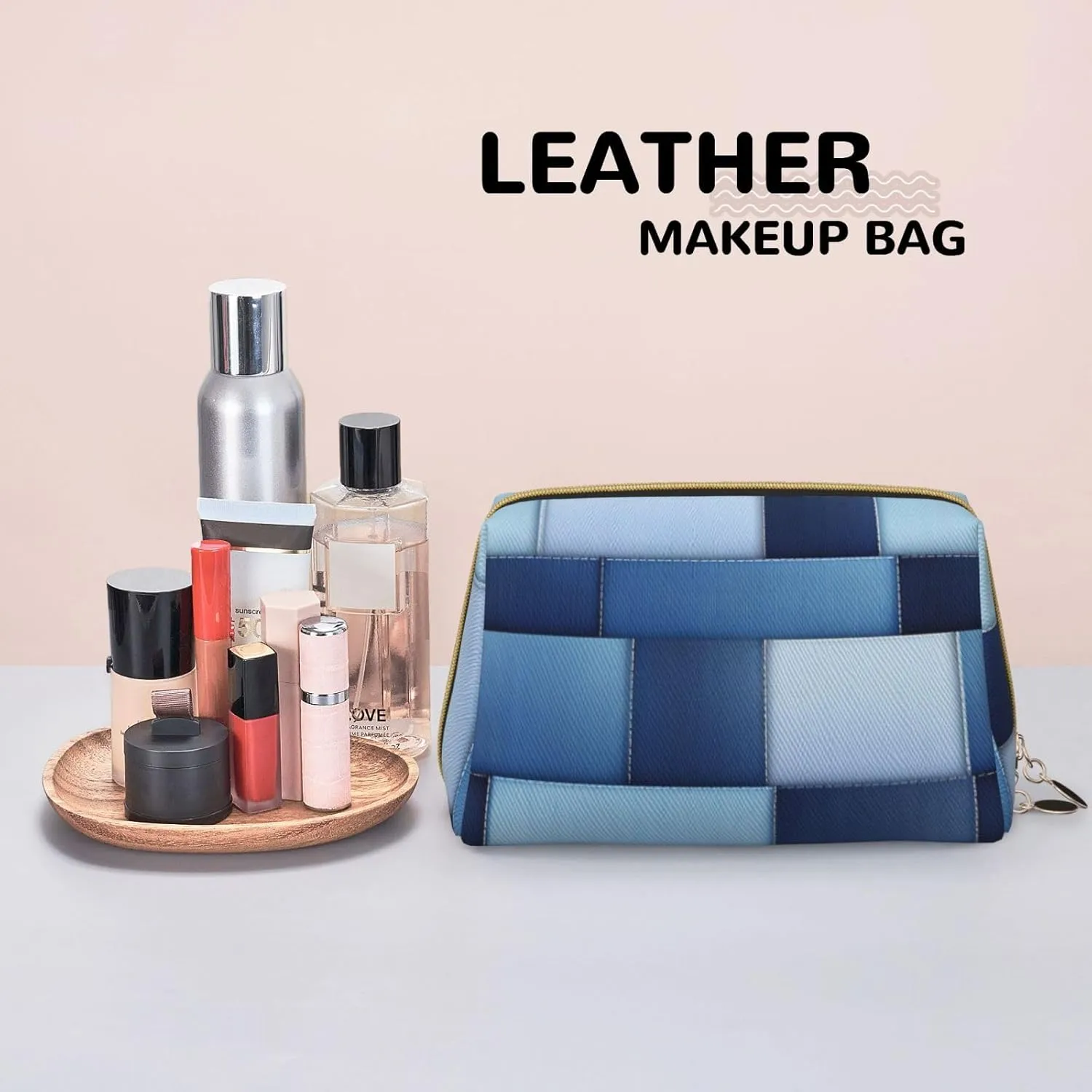 Gradient Blue Denim Printed Small Makeup Bag,Travel Cosmetic Bag Purse with Zipper,Water-resistant Makeup Organizer Bag for Women