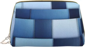 Gradient Blue Denim Printed Small Makeup Bag,Travel Cosmetic Bag Purse with Zipper,Water-resistant Makeup Organizer Bag for Women