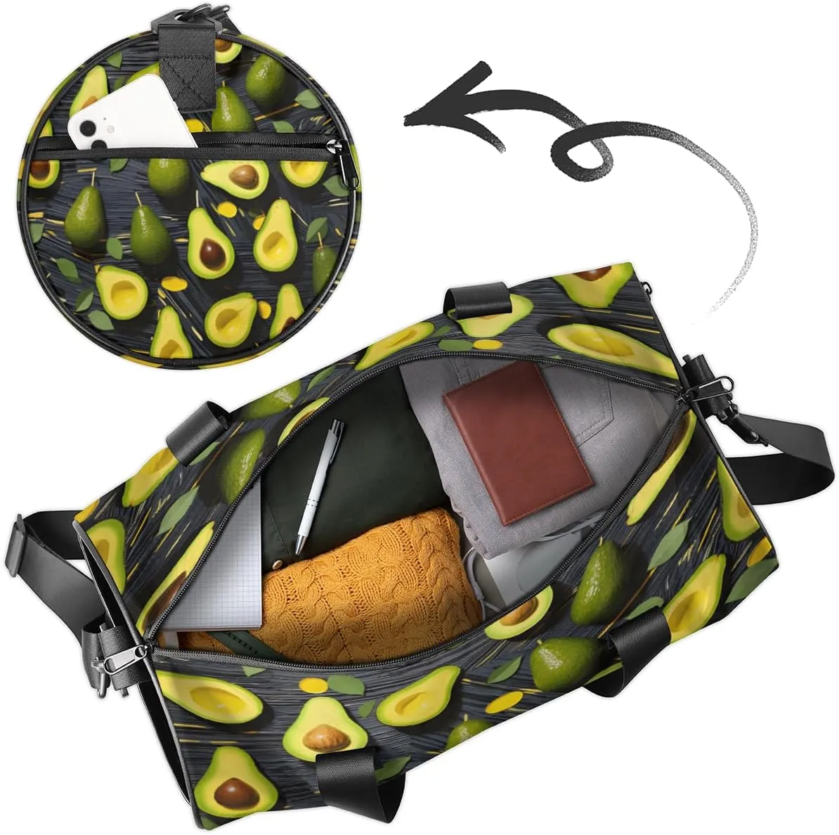 Green Avocado Pattern Custom Duffel Bags Weekender Bags Custom Sport Duffel Bag Carry on Overnight Weekender Bag