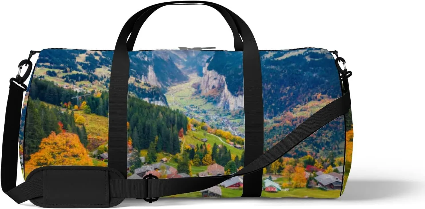 Green Beautiful Village District Sports Bag Tote Bag Waterproof Gym Bag with Shoulder Strap Zipper 2 Side Pockets for Men and Women, Travel and Storage Shoulder Bag.