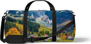 Green Beautiful Village District Sports Bag Tote Bag Waterproof Gym Bag with Shoulder Strap Zipper 2 Side Pockets for Men and Women, Travel and Storage Shoulder Bag.