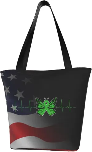 Green Butterfly Ribbon Heartbeat Bone Marrow Transplant Awareness Fashion Shoulder Bag Large Capacity For Man Or Woman