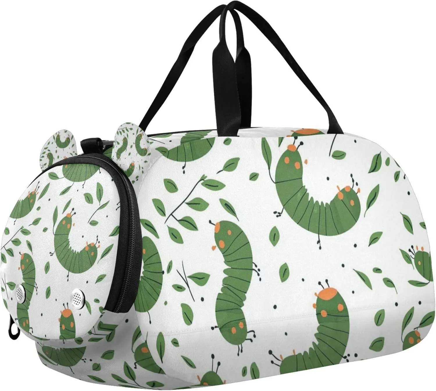 Green Caterpillars and Green Leaves Sports Duffle Bag for Kids Girls Boys, Gym Bag with Shoe Compartments, Kids Travel Overnight Weekender Shoulder Bag