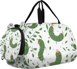 Green Caterpillars and Green Leaves Sports Duffle Bag for Kids Girls Boys, Gym Bag with Shoe Compartments, Kids Travel Overnight Weekender Shoulder Bag