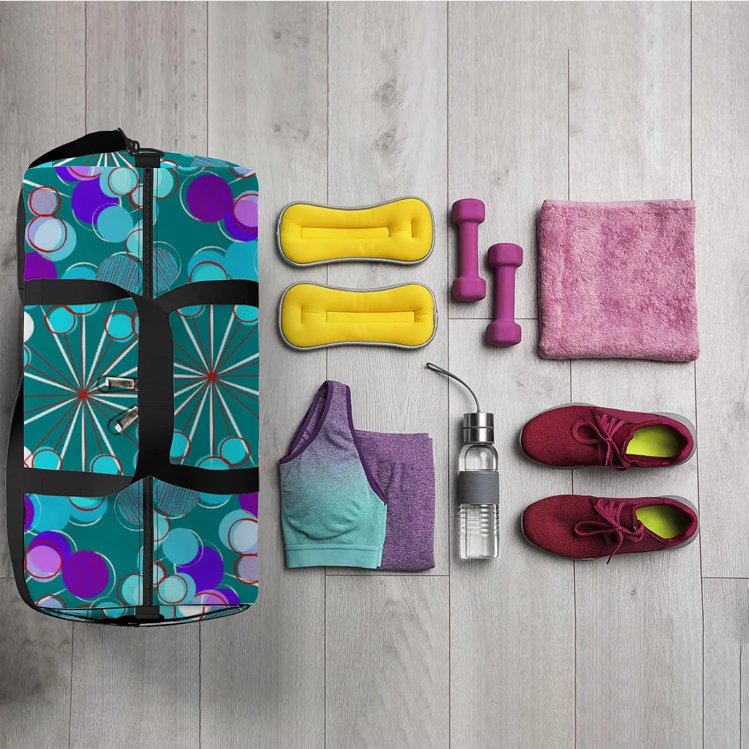 Green Color Stylized Dandelions Sports Bag Tote Bag Waterproof Gym Bag with Shoulder Strap Zipper 2 Side Pockets for Men and Women, Travel and Storage Shoulder Bag.