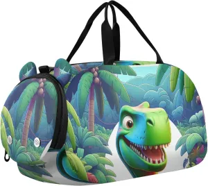 Green Dinosaur Duffle Bag for Girl, Sports Duffle Gym Bags with Shoe Compartment, Personalized Overnight Bag Travel Weekender for Kids