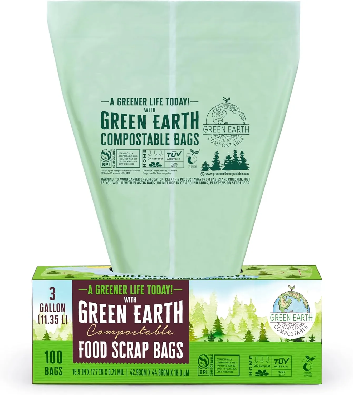 Green Earth Compostable Small Kitchen Food Scrap Waste Bags, Compost Bin Compatible, 3 Gallon,11.35 Liter, 300-Count, 0.71 Mil Thickness, ASTM D6400, US BPI and Europe OK Compost Home Certified, USA