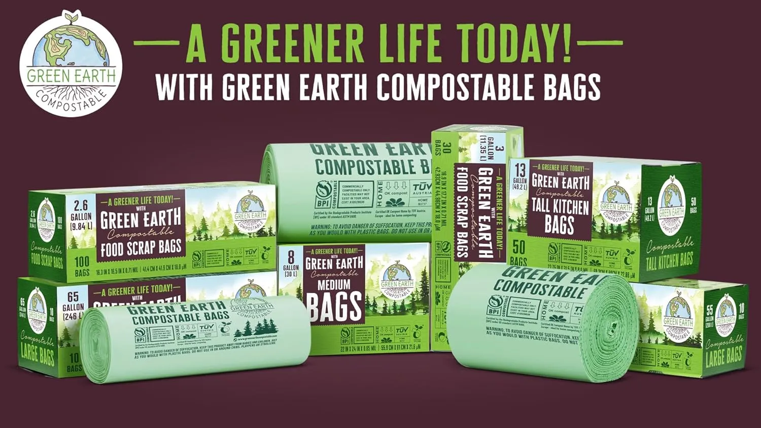 Green Earth Compostable Small Kitchen Food Scrap Waste Bags, Compost Bin Compatible, 3 Gallon,11.35 Liter, 300-Count, 0.71 Mil Thickness, ASTM D6400, US BPI and Europe OK Compost Home Certified, USA