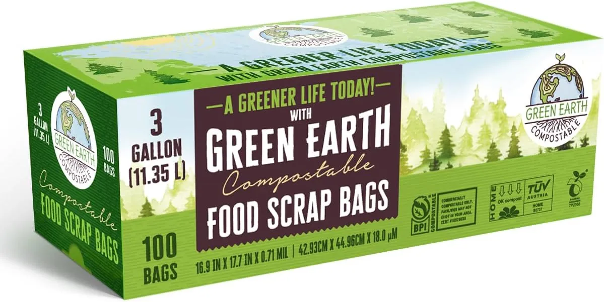 Green Earth Compostable Small Kitchen Food Scrap Waste Bags, Compost Bin Compatible, 3 Gallon,11.35 Liter, 300-Count, 0.71 Mil Thickness, ASTM D6400, US BPI and Europe OK Compost Home Certified, USA