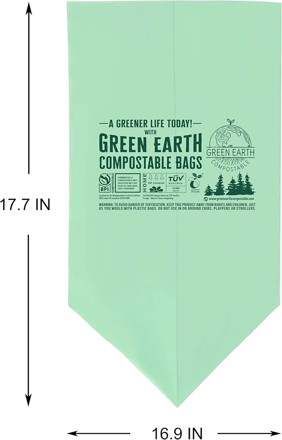 Green Earth Compostable Small Kitchen Food Scrap Waste Bags, Compost Bin Compatible, 3 Gallon,11.35 Liter, 300-Count, 0.71 Mil Thickness, ASTM D6400, US BPI and Europe OK Compost Home Certified, USA