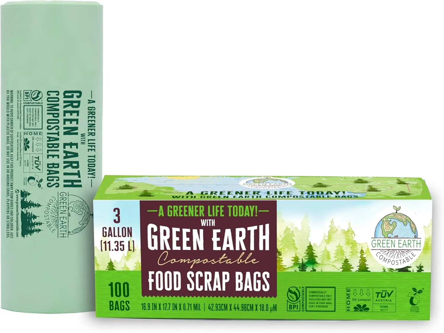 Green Earth Compostable Small Kitchen Food Scrap Waste Bags, Compost Bin Compatible, 3 Gallon,11.35 Liter, 300-Count, 0.71 Mil Thickness, ASTM D6400, US BPI and Europe OK Compost Home Certified, USA